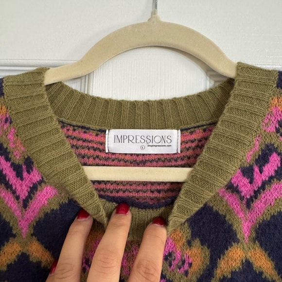 Impressions Women's Pink and Olive Patterned Sweater - Picture 2 of 3